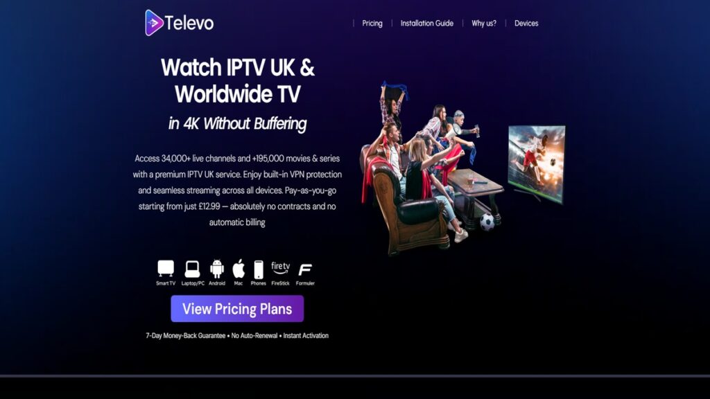 Televo IPTV UK channel line-up and EPG running on a Firestick