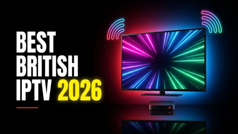Bold neon-lit TV graphic with the headline "Best British IPTV 2026" — featured image for the safe and stable UK streaming guide.