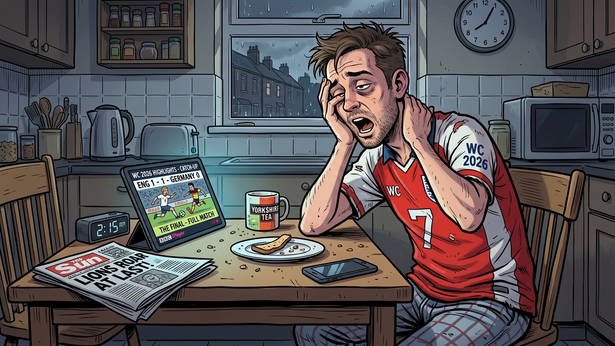 Watch World Cup 2026 in UK, A Tired Uk Football Fan Watching Catch Up World Cup 2026 Highlights On A Tablet At The Kitchen Table