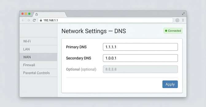 Router admin panel showing Cloudflare DNS 1.1.1.1 and 1.0.0.1 configured to fix IPTV streams