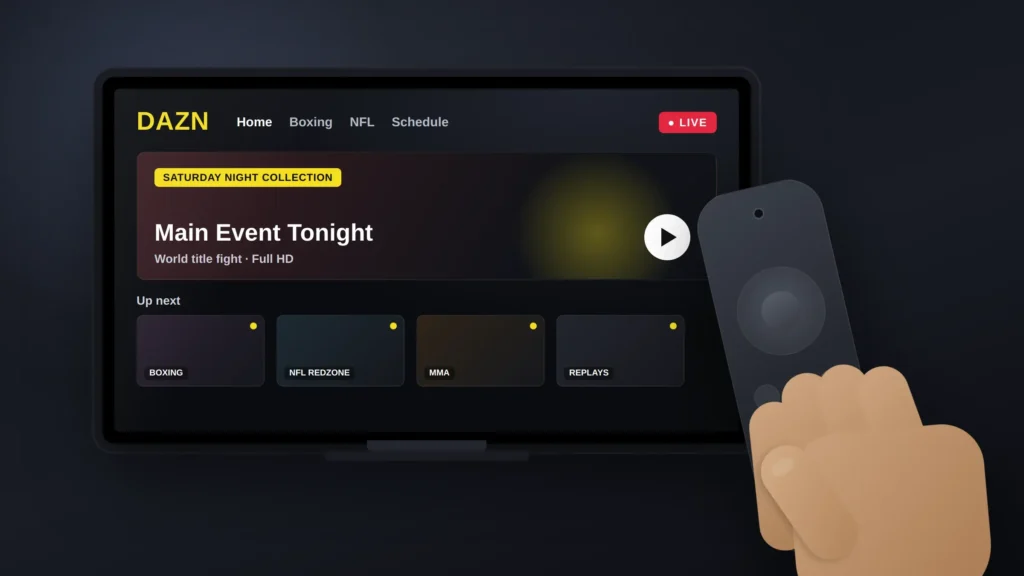 Hand Holding A Fire Tv Remote With The Dazn App Open On Screen
