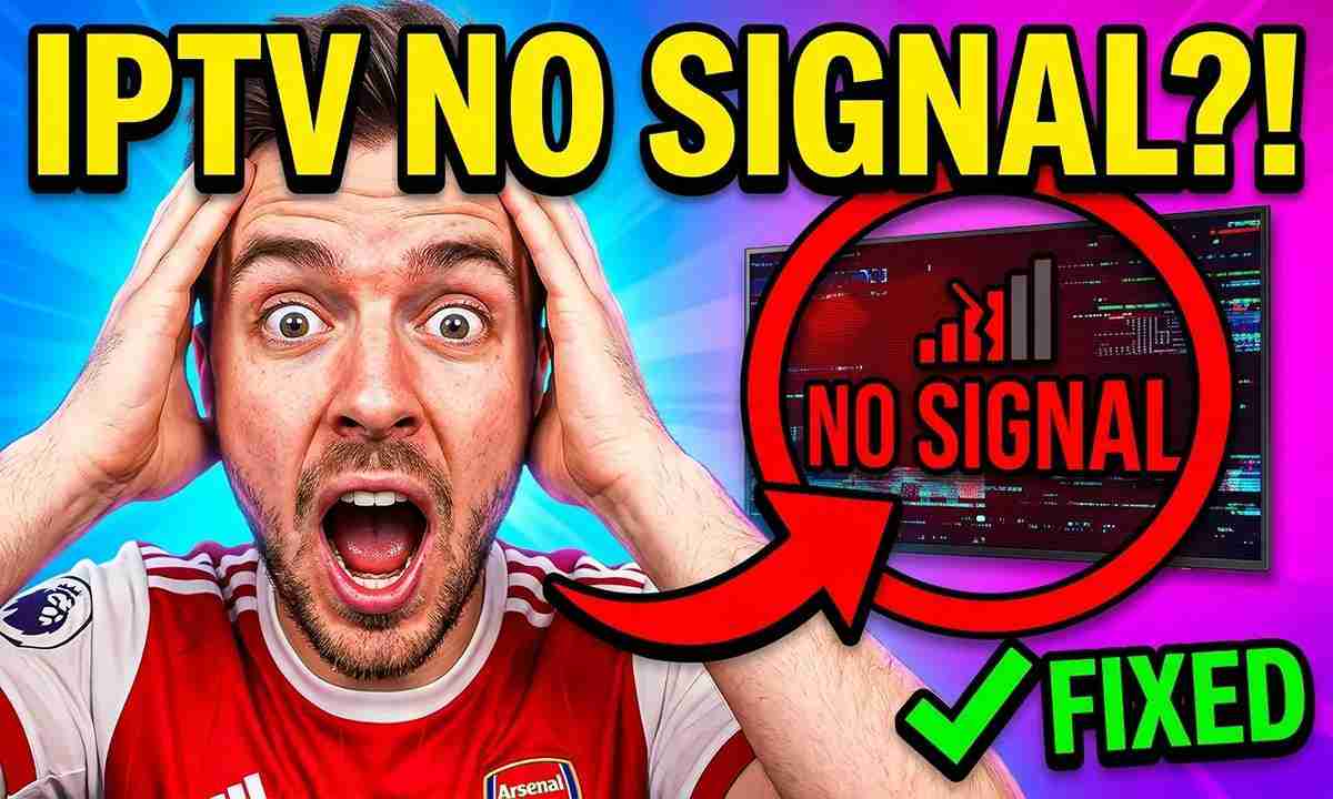 Shocked UK football fan reacting to IPTV no signal error on TV screen with FIXED badge