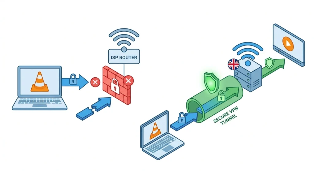 VPN secure tunnel bypassing a UK ISP block to reach an IPTV server in VLC
