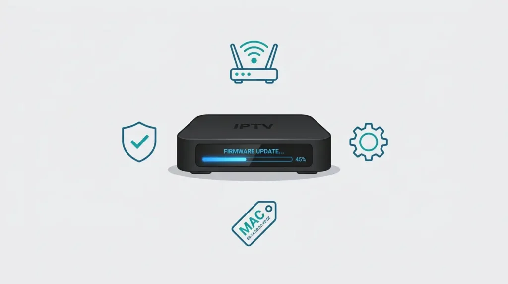 Advanced IPTV portal tips showing MAG box firmware update and MAC address checks