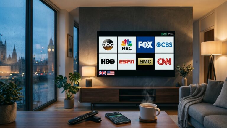 Usa Channels In Uk Iptv Streaming On A 4k Oled Tv In A London Living Room With Abc Nbc Fox Cbs And Hbo Live Channels