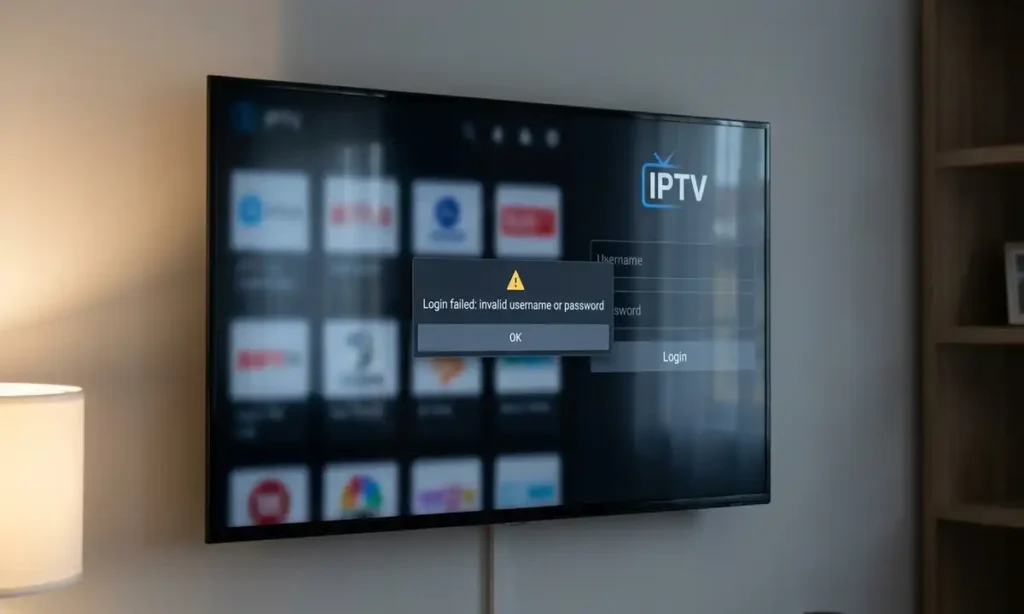 IPTV login failed error showing invalid username or password on a smart TV